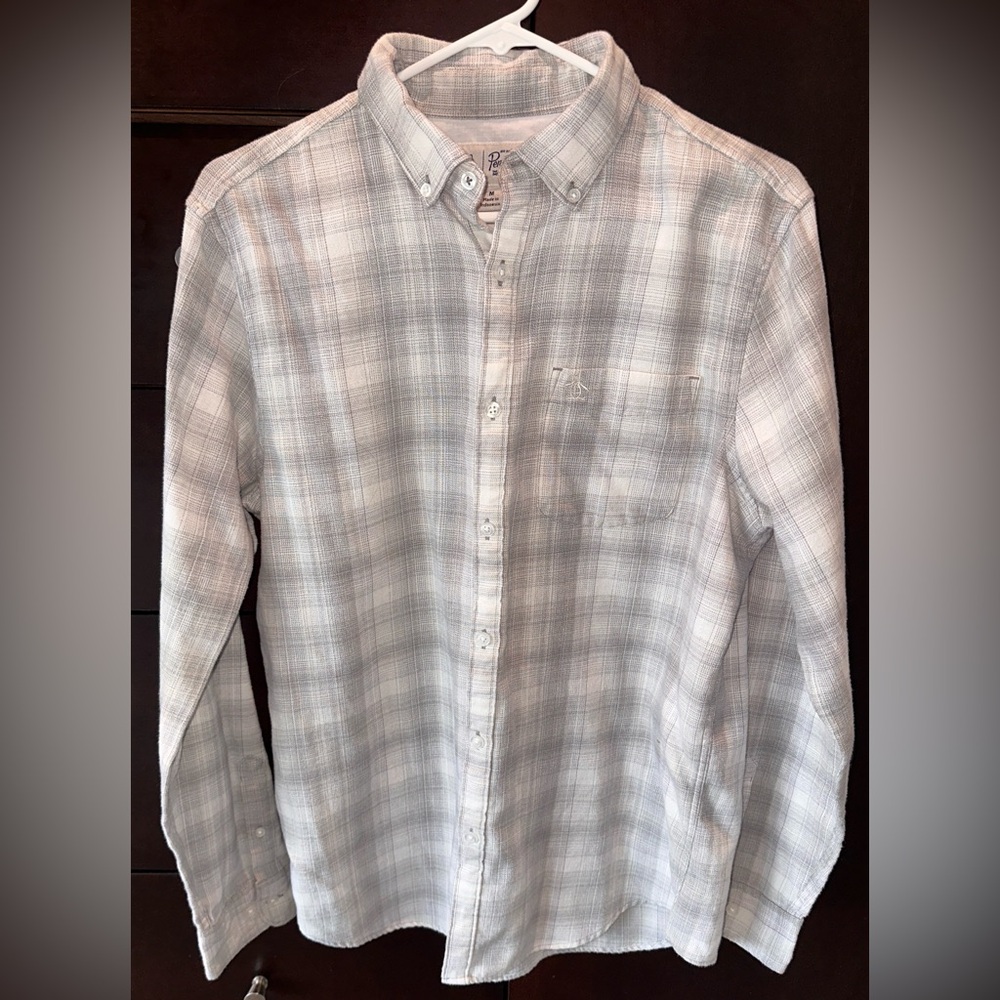 Penguin Men's Long Sleeve Lightweight White & Gray Plaid Button Down M, Like New